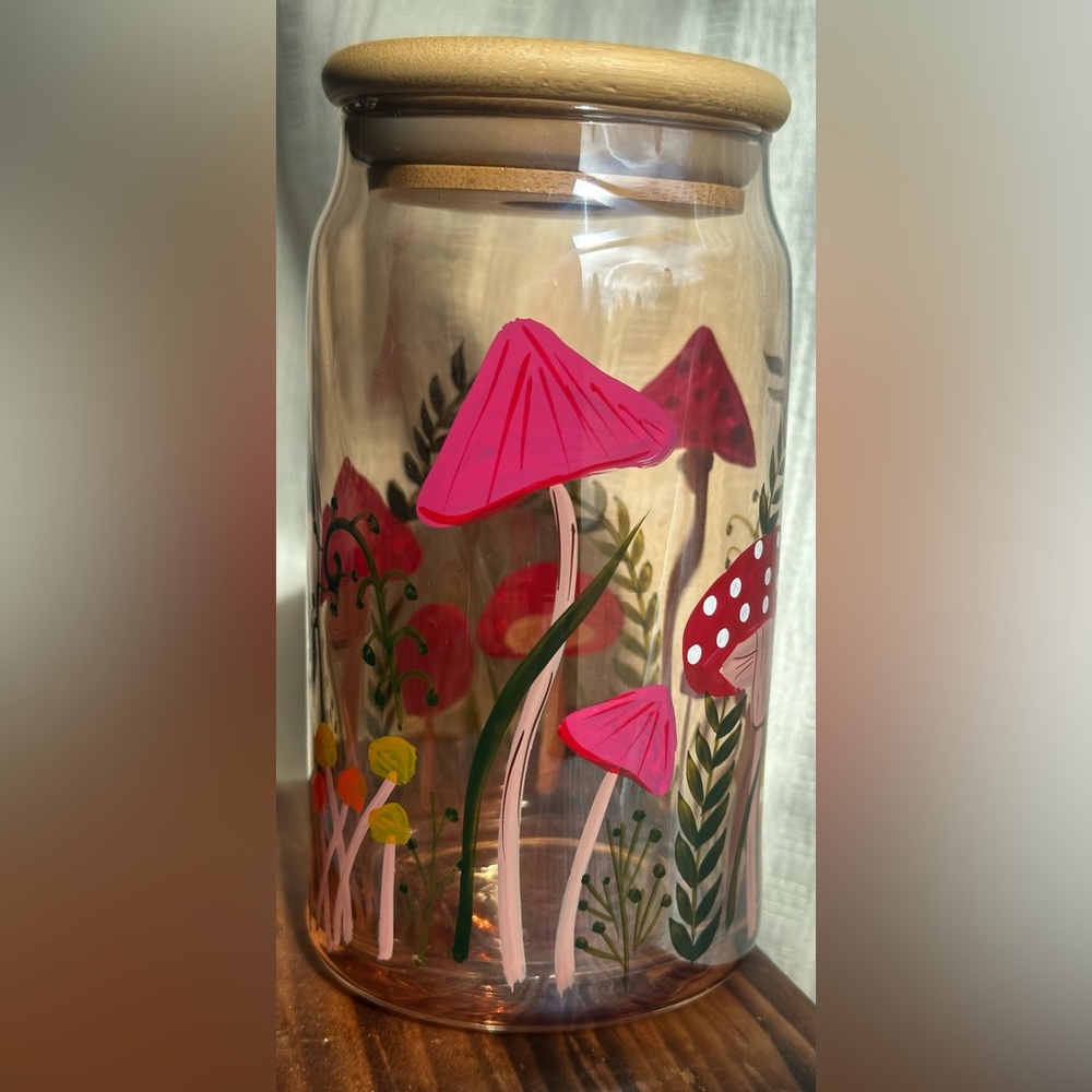 Mushroom Glass Canister Amber Jar Bamboo Lid Cottagecore Decor